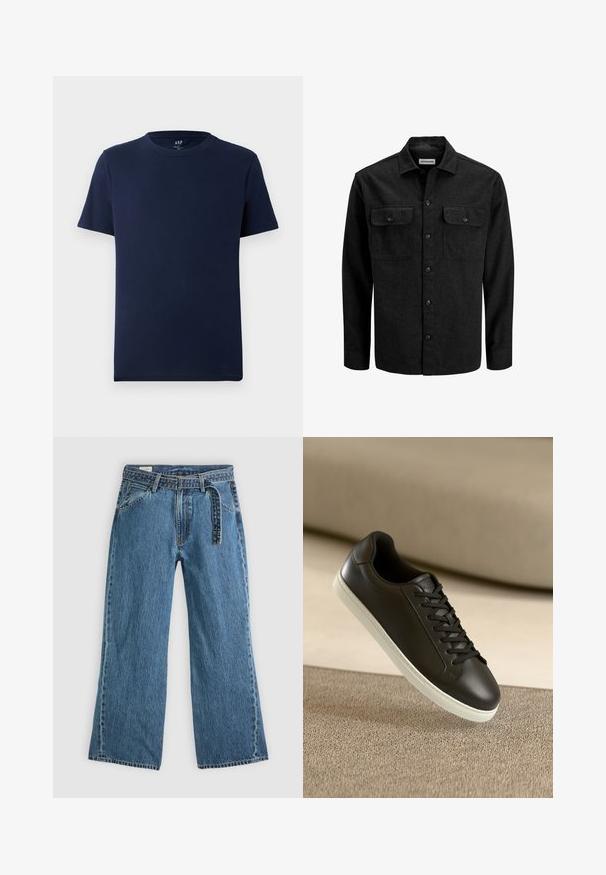 Mustast villasegust valmistatud nööbitav särk, millel on krae, kaks rinnataskut klappidega ja sirge lõige.; Tumedat sinine lühikeste varrukatega ringkaelusega puuvillane T-särk, mille krae sisepinnal on väike GAP logo.; Sinine denimist laienevate jalgadega teksad, millel on kinnitatud vöö, ees taskud ja nähtav õmblemine helesinise tausta peal.; Mustad nahast tennisetossud valge kummist tallaga ja mustade paeltega, paigutatud beežile kangapinnale ja -taustale.