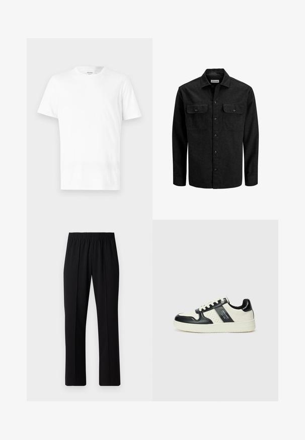 Melnā vilnas maisījuma pogājama krekla ar apkakli, divām krūšu kabatām ar atlokiem un taisnu piegriezumu.; Balts īsām piedurknēm T-krekls no kokvilnas, ar apaļu kakla izgriezumu un vienkāršu dizainu, piemērots ikdienas valkāšanai.; Melni elastīgi bikses ar taisnas kājas dizainu, ar gludu tekstūru un bez redzamām zīmēm vai detaļām.; Ādas sporta apavi ar melnbaltu krāsu shēmu, ar perforētiem akcentiem, mīkstinātu apkakli un teksturētu zoli.