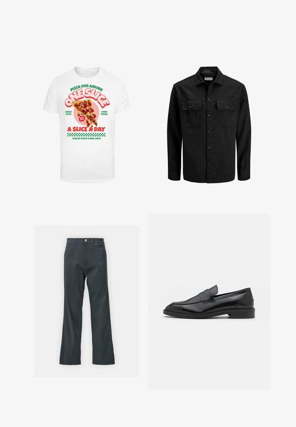 Black button-up shirt made from wool blend, featuring a collar, two chest pockets with flaps, and a straight fit design.; White t-shirt featuring graphic print of a pizza slice with pepperoni, accompanied by colorful text and a checkered pattern at the bottom.; Black pants with a straight leg cut, made from cotton blend fabric. Features a metal button closure and side pockets. No visible patterns.; Black leather loafers with a smooth finish, featuring a rounded toe and a narrow band across the upper. Low stacked heel.