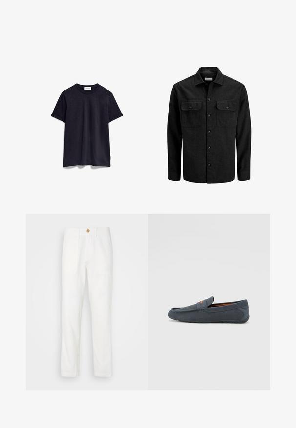 Schwarzes Hemd zum Zuknöpfen aus Wollmischung, mit Kragen, zwei Brusttaschen mit Klappen und geradem Schnitt.; ARMEDANGELS JAAMEL STRUCTURE - T-Shirt basic - night sky; Weiße Stoffhosen mit geradem Schnitt, ausgestattet mit zwei vorderen Taschen und einem Knopfverschluss. Glatte Textur und sauberes Design.; Graue durchbrochene Slipper mit einem Schlupfdesign, featuring einem orangen Akzent, runder Zehenform und strukturiertem Gummisohle.