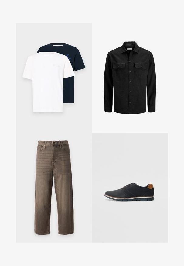 Black button-up shirt made from wool blend, featuring a collar, two chest pockets with flaps, and a straight fit design.; Two crew neck t-shirts: one white with light text, one navy blue with a graphic print. Both are short-sleeved and made of soft fabric.; Brown wide-leg jeans made from denim. Features a zip fly, belt loops, and five pockets. The fabric shows a faded, textured appearance.; Black synthetic shoes with a textured upper, smooth accents, brown heel, and a contrasting sole. Features minimal lacing and stitch details.