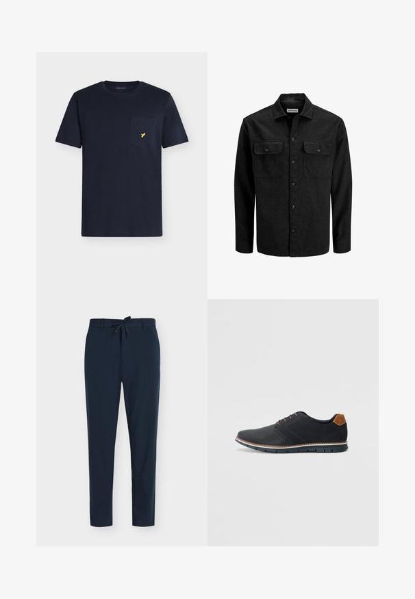 Camicia nera con bottoni in misto lana, caratterizzata da un colletto, due tasche sul petto con patta e un design a taglio dritto.; Maglietta in cotone blu navy con scollo rotondo, maniche corte e taschino sul petto con un piccolo logo di uccellino giallo.; Pantaloni blu navy in tessuto liscio con vita a coulisse, caratterizzati da motivo a righe verticali sottili e design con gamba affusolata.; Scarpe sintetiche nere con tomaia testurizzata, dettagli lisci, tacco marrone e suola a contrasto. Presentano una lacerazione minimale e dettagli di cucitura.