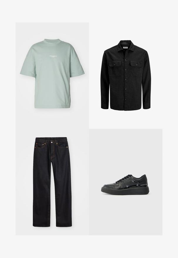 Crna košulja na kopčanje od mješavine vune, s ovratnikom, dva prsna džepa s preklopom i ravnim krojem.; Svijetlozelena oversized majica od mekane pamučne tkanine, kratkih rukava i okruglog izreza, s natpisom "ORIGINALS est. 1990" ispisanim bijelom bojom.; Muške traperice ravnog kroja, crne boje, s pet džepova i narančastim šavovima, sa zatvaranjem na dugme i patentni zatvarač na prednjem dijelu struka.; Crne kožne tenisice s glatkom površinom, okruglim vrhom i kontrastnom crnom gumom. Ima ravne vezice i branding sa strane.