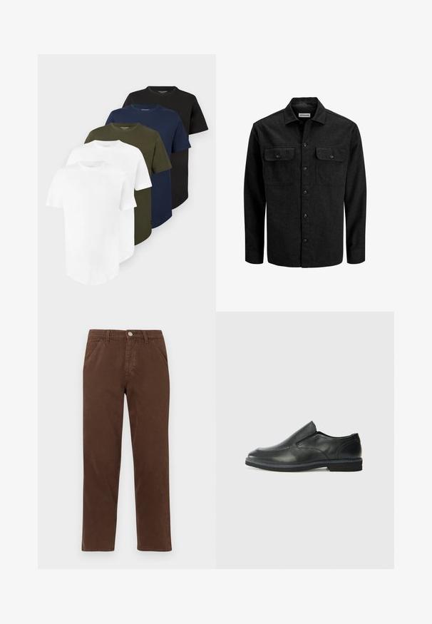 Crna košulja na kopčanje od mješavine vune, s ovratnikom, dva prsna džepa s preklopom i ravnim krojem.; Pet majica s kratkim rukavima i okruglim izrezom u bijeloj, maslinastozelenoj, tamnoplavoj i crnoj boji, složene u naslagu.; Smeđe pamučne hlače ravnog kroja, s prednjim džepovima i metalnim zatvaranjem na dugme. Karakteriziraju ih glatka tekstura i minimalistički dizajn.; Crne kožne cipele na sklapanje s glatkom gornjom površinom, prošivenim detaljima, zaobljenim vrhom i niskim gumene potplate. Potplat ima minimalne uzorke.