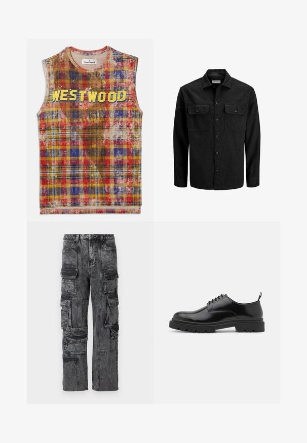 Black button-up shirt made from wool blend, featuring a collar, two chest pockets with flaps, and a straight fit design.; Sleeveless plaid top with red, blue, yellow, and brown tones, featuring the word "WESTWOOD" in bold yellow letters across the chest with star accents.; Cargo pants in a faded black denim. Features multiple side pockets, a relaxed fit, and visible stitching details. Textured fabric with a worn look.; Black leather lace-up shoes with a rounded toe, smooth texture, and ridged rubber sole. Features a small heel and a pull tab at the back.