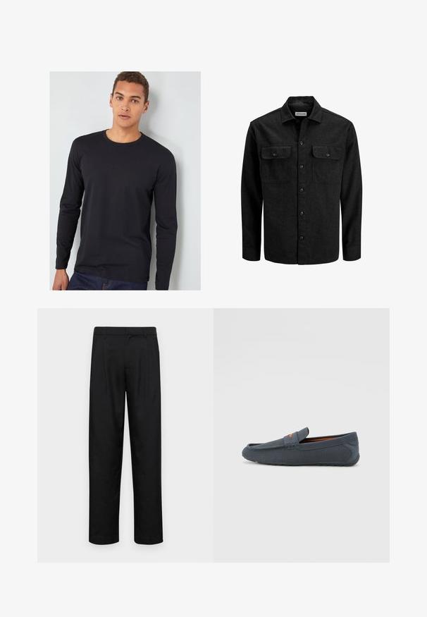 Melnā vilnas maisījuma pogājama krekla ar apkakli, divām krūšu kabatām ar atlokiem un taisnu piegriezumu.; Melna garo piedurkņu T-krekls, kas izgatavots no kokvilnas, ar apaļu kaklu, pieguļošām piedurknēm un gludu tekstūru, valkāts ar zilām džinsām.; Melnas bikses, izgatavotas no gludas auduma, ar taisnu kāju dizainu, divām priekšējām krokām un standarta jostu, kurai ir āķi.; Pelēki perforēti loafers ar iebūvētu dizainu, kas izceļas ar oranžu akcentu, noapaļotu purngalu un teksturētu gumijas zoli.