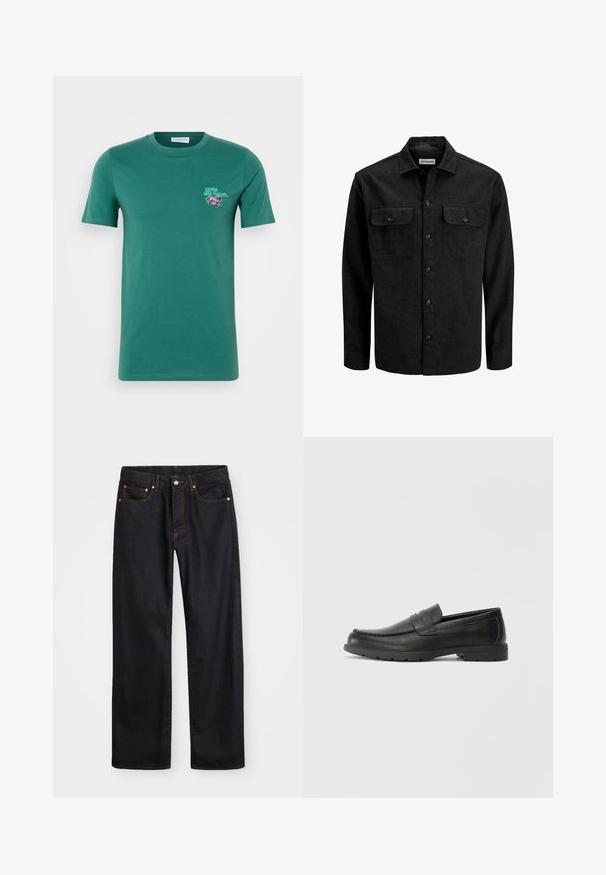 Juoda vilnos mišinio marškinėliai su sagutėmis, su apykakle, dviem krūtininėmis kišenėmis su atvartais ir tiesiu siluetu.; Žalias medvilninis marškinėliai trumpomis rankovėmis, apvalia apykakle, su grafiniu spausdiniu kairėje krūtinės pusėje. Sklandus paviršius ir standartinė siluetas.; Vyrų tiesaus kirpimo juodi džinsai iš denim medžiagos, su penkiomis kišenėmis ir oranžinėmis siūlėmis, su mygtuko ir užtrauktuko uždarymu ant priekio.; Juodai odiniai loaferiai su sklandžiu paviršiumi, mokasino stiliaus viršus, siuvinėjimu ir guminėmis padangomis. Klasikinis dizainas su žemu kulnu.