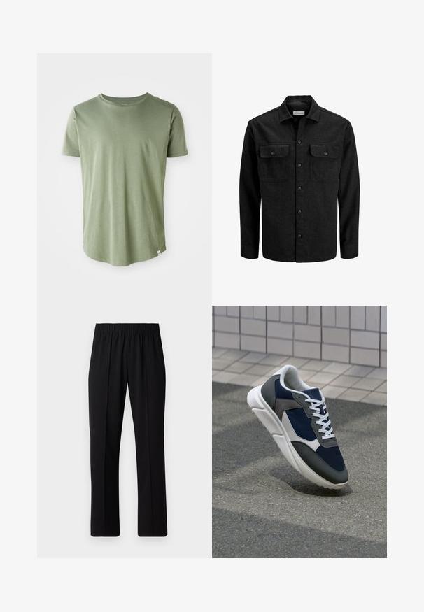Mustast villasegust valmistatud nööbitav särk, millel on krae, kaks rinnataskut klappidega ja sirge lõige.; Lühikeste varrukatega T-särk heleses rohelises, pehmest kangast, ümar kaelus, sirge äär, vasakus allnurgas väike sildike.; Mustad, elastse puusärgid sirge säärega, mis on sileda tekstuuriga ja ilma nähtavate mustrite või riistadega.; Sneaker, mille sinine võrkkangas, hallid nubukdetailid, valge kummitald ja lamedad valged paelad, disainitud mugavuseks ja hingavuseks.
