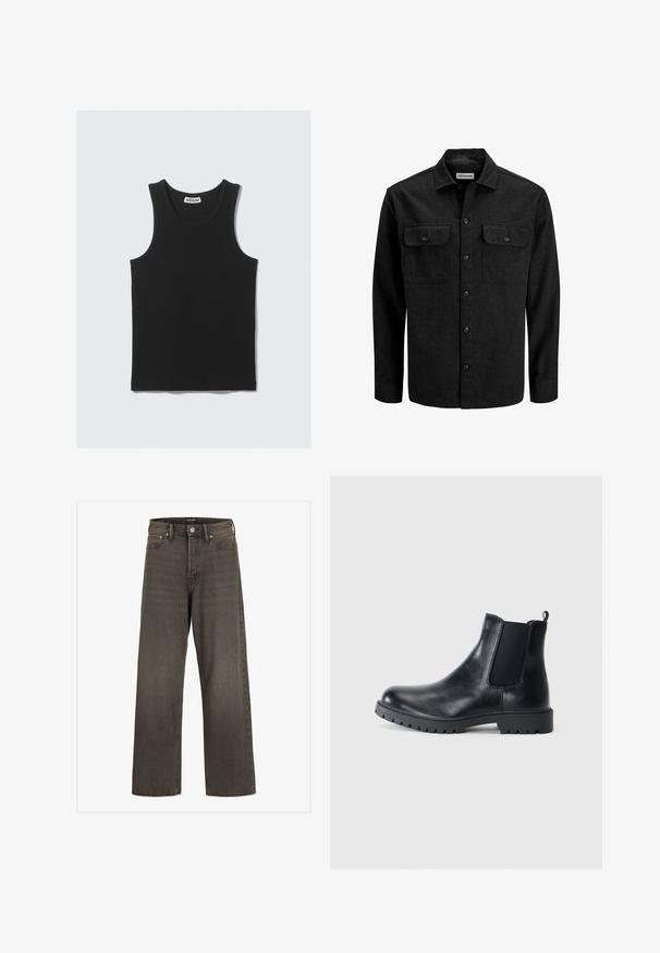 Camicia nera con bottoni in misto lana, caratterizzata da un colletto, due tasche sul petto con patta e un design a taglio dritto.; Top in cotone nero senza maniche con texture a coste, dotato di scollo rotondo e ampi fori per le braccia. Etichetta visibile sul collo.; Jeans a gamba larga in denim grigio scuro, con vita alta, design classico a cinque tasche e cuciture a contrasto lungo le cuciture.; Stivali Chelsea in pelle nera con pannelli laterali elasticizzati, punta arrotondata e suola in gomma antiscivolo. Design minimalista con linguetta per il tassello.