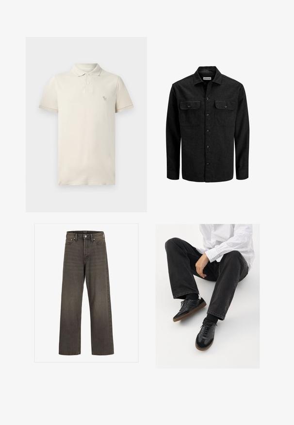 Juoda vilnos mišinio marškinėliai su sagutėmis, su apykakle, dviem krūtininėmis kišenėmis su atvartais ir tiesiu siluetu.; Bežinė polo marškinėliai, pagaminti iš medvilnės, su apykakle, trumpomis rankovėmis ir mažu siuvinėtu logotipu ant krūtinės. Minkšta tekstūra ir klasikinis siluetas.; Plati kojinės džinsai tamsiai pilkos spalvos džinsinio audinio, su aukštu liemeniu, klasikinio penkių kišenių dizainu ir kontrastinga siuvimo linija siūlėse.; Juodi sportbačiai su lygiu ir tekstūruotu paviršiumi, turi guminį padas ir tamsias raištelius. Suderinti su juodomis džinsais ir balta juostuota marškinėliais.