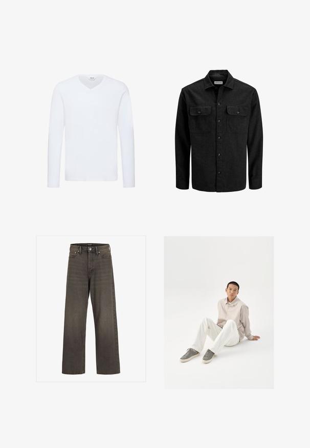 Melnā vilnas maisījuma pogājama krekla ar apkakli, divām krūšu kabatām ar atlokiem un taisnu piegriezumu.; Balta garajam piedurknēm V-veida kakla T-kreklu, kas izgatavots no mīksta kokvilnas auduma. Tam ir gluda tekstūra un taisns apmales dizains ar minimālu apdari.; Platas kājas džinsi tumši pelēkā denima, ar augstu jostasvietu, klasisku piecu kabatu dizainu un kontrastējošām šuvēm.; Bēža pogām piegriezta krekls, balti bikses un pelēki kedas. Krekls ir brīvā piegriezumā, un kedām ir rakstaina virsma un saišu slēgšanas dizains.