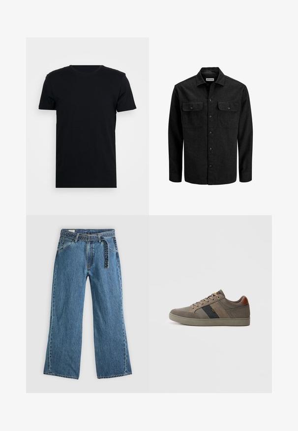 Mustast villasegust valmistatud nööbitav särk, millel on krae, kaks rinnataskut klappidega ja sirge lõige.; Must nagu lühikeste varrukatega must T-särk võrkkrae ja siledast kangast, millel on lihtne lõige ning nähtavaid mustreid või disaine pole.; Sinine denimist laienevate jalgadega teksad, millel on kinnitatud vöö, ees taskud ja nähtav õmblemine helesinise tausta peal.; Därem sneakers, pruunid madala topiga, paeltega, tekstuursete paneelidega, must riba kollase "Lee" tekstiga ja pruuni kanna patšiga.