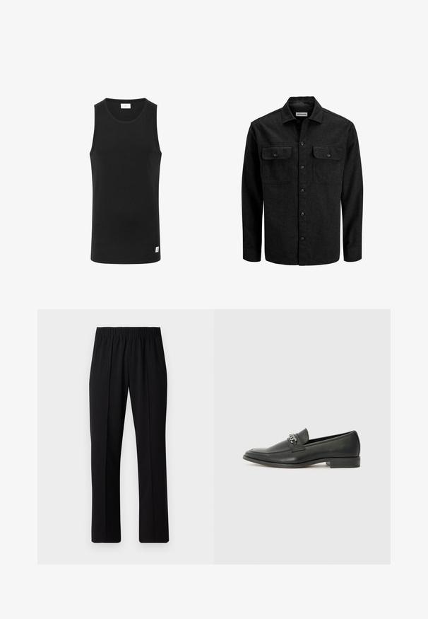 Melnā vilnas maisījuma pogājama krekla ar apkakli, divām krūšu kabatām ar atlokiem un taisnu piegriezumu.; Melnā bez piedurknēm tvertnes krekls, kas izgatavots no ribota auduma, ar apaļu kakla izgriezumu un mazu logo etiķeti apakšmalā. Vienkāršs, pieguļošs dizains.; Melni elastīgi bikses ar taisnas kājas dizainu, ar gludu tekstūru un bez redzamām zīmēm vai detaļām.; Melna ādas loafer izmēra apavi ar gludu virsmu, piedāvā ar šūtu dizainu un dekoratīvu metāla ķēdes akcentu pār vampu. Plakana papēža daļa.