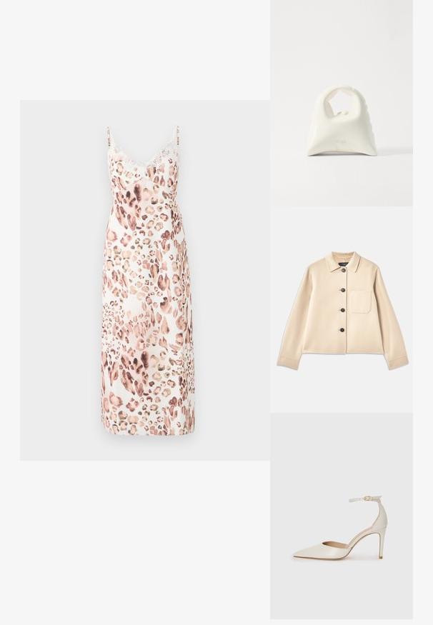 Beige Wollmischung-Jacke mit Kragen, sechs schwarzen Knöpfen und einer Brusttasche. Hat lange Ärmel und ein kurzes Design.; Leopardenmuster Midi-Kleid aus weichem Stoff, mit verstellbaren Trägern und feiner Spitzenkante am Ausschnitt. Farbpalette: beige, braun, sanftes pink.; Weiße Leder-Pumps mit spitz zulaufender Zehe, Knöchelriemen und schlanker Stiletto-Absatz. Glatte Oberfläche mit dezent glänzendem Finish.; Weiße Handtasche mit einem strukturierten, geschwungenen Design. Verfügt über einen auffälligen Griff und einen abgerundeten Boden, mit einer glatten Oberfläche und minimalem Beschlag.
