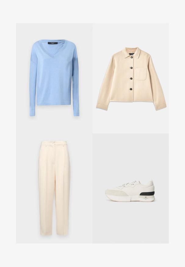 Veste en mélange de laine beige avec un col, six boutons noirs et une poche poitrine. Possède des manches longues et un design court.; Pull bleu clair à manches longues avec décolleté en V. Fait en tissu doux, il présente une coupe décontractée ainsi que des poignets et un ourlet côtelés.; Pantalons beiges ajustés à coupe droite, avec des plis à l'avant, une texture lisse et une taille mi-haute. Pas de poches visibles.; Baskets blanches avec un capuchon en suède texturé, un upper en mesh lisse, des lacets décoratifs, et un accent de talon en caoutchouc noir.