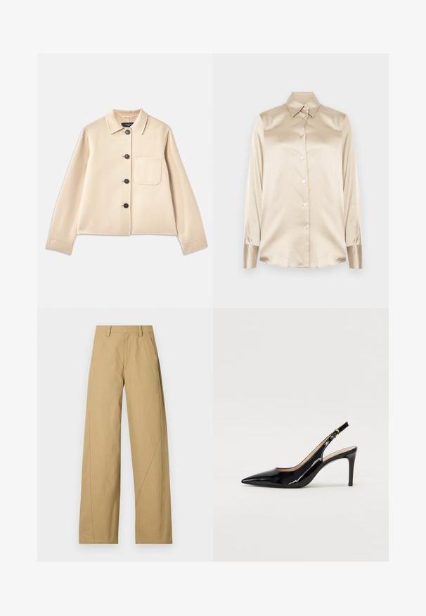 Bežna jakna iz volnene mešanice s ovratnikom, šestimi črnimi gumbi in prsno žepom. Ima dolge rokave in skrajšan kroj.; Bež satenasta srajca z ostrim ovratnikom, dolgimi rokavi, z zapiranjem na gumbe in manšetami v nekoliko bolj sijočem finishtu. Brez vzorcev ali dodatkov.; Khačaste široke hlače iz bombažne mešanice z gladko teksturo, s poudarjenimi diagonalnimi šivi in klasičnim dizajnom pasu.; Črne lakirane slingback čevlje z izostrenim nosom, ozkim peto in subtilnim izrezom. Na traku je zlata sponka.