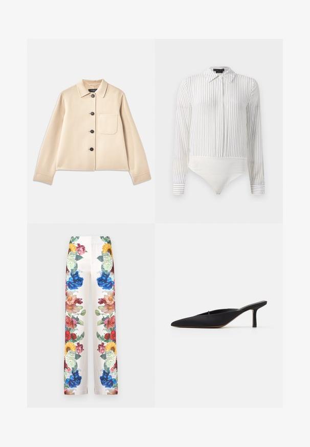 Beige wolmix jasje met een kraag, zes zwarte knopen en een borstzak. Het heeft lange mouwen en een cropped ontwerp.; Witte lange mouwen bodysuit met dunne zwarte verticale strepen, puntige kraag, knoopmanchet en drukknoopsluiting aan de onderkant.; Alice + Olivia ANDREW BOOTCUT SLIM PANT - Broek - off white; Zwarte muiltje met spitse neus en een strak ontwerp, gemaakt van gladde stof, met een slanke hak en open achterkant voor gemakkelijk aan- en uittrekken.
