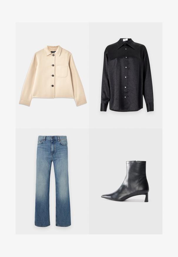 Beigā vilnas maisījuma jaka ar apkakli, sešām melnām pogām un krūšpocketu. Iezīmē garas piedurknes un īsu dizainu.; Melnas garām piedurknēm krekls ar apdari, kas piedāvā samocītu tekstūru, pilnu pogu priekšpusi un aproces. Izgatavots no gludas auduma.; Gaiši zili plata kāju džinsi, izgatavoti no denima auduma ar izbalinātu apstrādi, ar pogas aizdari un piecu kabatu dizainu.; Melnas ādas potītes zābaki ar norādītu pirkstu un elegantu dizainu. Iezīmē zemu papēdi un rāvējslēdzēja aizdari aizmugurē. Gluda tekstūra.