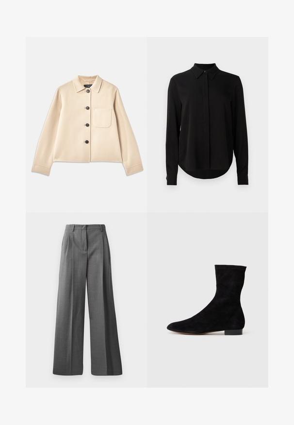 Beigā vilnas maisījuma jaka ar apkakli, sešām melnām pogām un krūšpocketu. Iezīmē garas piedurknes un īsu dizainu.; Melna garo piedurkņu blūze ar norādītu apkakli, slēptu pogu aizdari un izliekta apakšmala uz vienkārša balta fona.; Pelēki, platā kāju bikses, izgatavotas no teksturēta auduma ar smalku rakstu. Aprīkotas ar priekšējiem krokām un jostasvietu ar jostu cilpām.; Melnas zamšādas potīšu zābaki ar piegulošu kāju daļu, smailu purngalu un zemu bloku papēdi. Gluda tekstūra un minimālistisks dizains, piemērots dažādai stilizācijai.