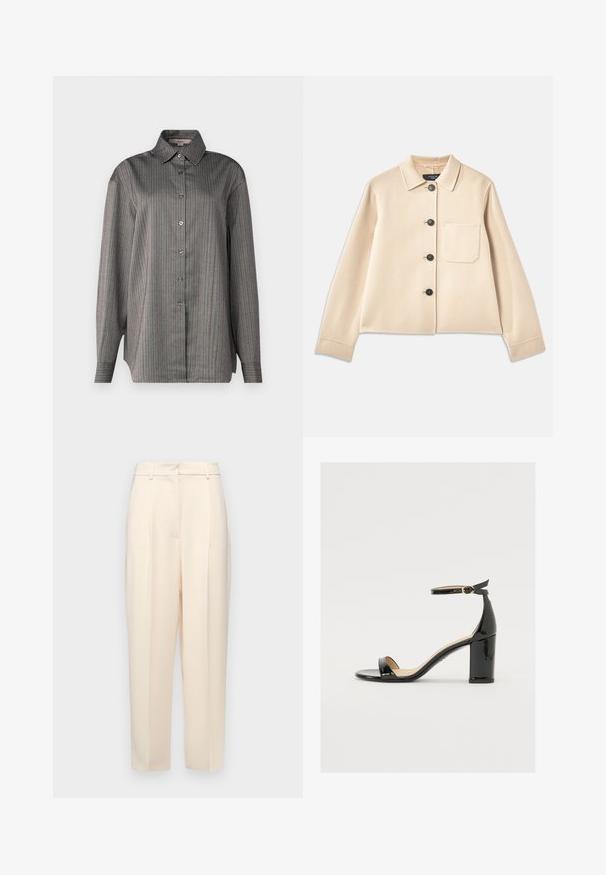 Beige wolmix jasje met een kraag, zes zwarte knopen en een borstzak. Het heeft lange mouwen en een cropped ontwerp.; Overhemd met knoopsluiting in een grijze stof met verticale strepen in blauw en rood. Heeft een klassieke kraag en lange mouwen. Lichte textuur.; Beige op maat gemaakte broek met een rechte pasvorm, voorzien van plooien aan de voorkant, een gladde textuur en een middelhoge taille. Geen zichtbare zakken.; Zwarte lakleren sandaal met een brede hak, open teen en enkelbandje met een gouden gesp. Zachte textuur en strak ontwerp.