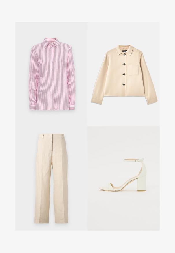 Bežinės vilnos mišinio švarkas su apykakle, šešiais juodais mygtukais ir krūtinės kišene. Turi ilgas rankoves ir trumpą dizainą.; Ilgų rankovių marškiniai rožinės ir baltos spalvų dryžuoto lino, su klasikinio tipo apykakle, mygtukų uždarymu ir rankogaliais su dryžuotais akcentais.; Bežinės lininės kelnės su laisvu kirpimu, preguldyta priekyje ir tiesiomis kojomis. Savybės: juosmuo su diržo kilpomis ir be matomų kišenių.; Baltos odos blokinio kulno sandalai, su kulkšnies dirželiu ir sagtimi, minimalistinio dizaino. Atvira pirštų dalis ir sklandžios tekstūros visoje.