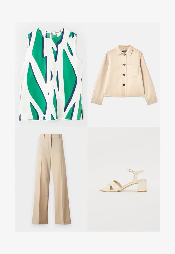 Giacca in misto lana beige con collo, sei bottoni neri e taschino sul petto. Presenta maniche lunghe e un design accorciato.; Top senza maniche in tessuto leggero, caratterizzato da un audace motivo astratto verde e blu navy su fondo bianco. Collo rotondo con apertura a chiave sul retro.; Pantaloni beige a gamba larga realizzati in tessuto morbido, con fronte piatto e pieghe, zip e passanti per cintura. Vestibilità sartoriale complessiva.; Sandali con tacco in pelle verniciata beige, design con cinturino incrociato, punta aperta, cinturino alla caviglia regolabile e tacco a blocco. Texture liscia.