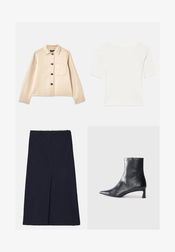 Veste en mélange de laine beige avec un col, six boutons noirs et une poche poitrine. Possède des manches longues et un design court.; Haut blanc à col large et à manches courtes avec une texture côtelée. Les rayures verticales mettent en valeur une coupe ajustée et un design simple.; DESIGNERS REMIX SCOTT LONG SKIRT - Jupe longue - navy; Bottine en cuir noir avec un bout pointu et un design épuré. Présente un petit talon et une fermeture éclair à l'arrière. Texture lisse.