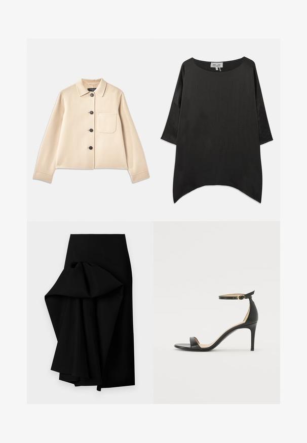 Chaqueta de mezcla de lana beige con cuello de solapa, seis botones negros y un bolsillo en el pecho. Presenta mangas largas y un diseño recortado.; Blusa negra de gran tamaño con cuello redondo, mangas tres cuartos y una tela fluida y texturizada. Presenta un dobladillo curvado y un diseño minimalista.; Falda negra de tela suave, con un diseño drapeado de gran tamaño en un lado, formando un dobladillo asimétrico.; Sándalo de tacón alto de piel negra con tiras en el tobillo. Presenta una textura suave, puntera abierta y un tacón delgado. Detalles de hebilla en tono dorado.