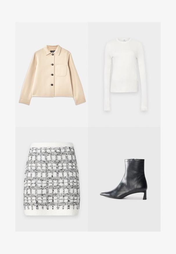 Bež jakna od vune s kragnom, šest crnih dugmadi i džepom na prsima. Ima duge rukave i skraćeni dizajn.; Bijela majica dugih rukava izrađena od mekanog pamuka. Ima okrugli izrez, tijesan kroj i glatku teksturu. Bez uzoraka ili naglasaka.; Pletena suknja u crnoj i bijeloj boji s kvadratnim uzorkom, s rebrastim pojasom i teksturiranom površinom. Duljina iznad koljena.; Crne kožne gležnjače s uskim vrhom i elegantnim dizajnom. Imaju niski potpetak i zatvaranje na patentni zatvarač straga. Glatka tekstura.