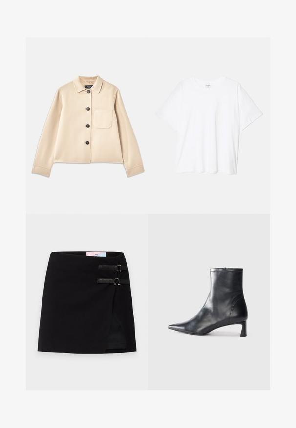 Beige gyapjú keverék kabát, galléros nyakkal, hat fekete gombbal és egy mellzsebből. Hosszú ujjak és rövidített fazon jellemzi.; Fehér pamut póló rövid ujjal, kerek nyakkivágással, laza fazonnal és varrott szegéllyel. Címke látható a belső nyakrészén.; Fekete mini szoknya átkötős kialakítással, elöl két díszes fekete pánttal, fémelemekkel. Simább anyagtextúra.; Fekete bőr bokacsizma hegyes orral és letisztult dizájnnal. Alacsony sarka és hátsó cipzáras záródása van. Simának tűnő textúra.