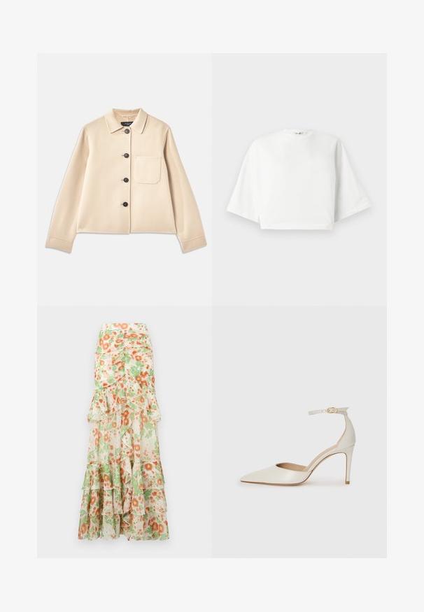 Jachetă din amestec de lână bej, cu guler, șase butoane negre și un buzunar pe piept. Prezintă mâneci lungi și un design scurt.; Tricou alb scurt, cu croială lejeră, mâneci scurte și lățite, de gât rotund și crăpături laterale, realizat din material de bumbac moale.; Fustă maxi florală cu un fundal crem, print cu flori portocalii și verzi, straturi cu volane și un design cu talie ajustată.; Pantofii înalți din piele albă, cu vârf ascuțit, curea la gleznă și toc subțire de tip stiletto. Textură netedă cu un finisaj subtil lucios.