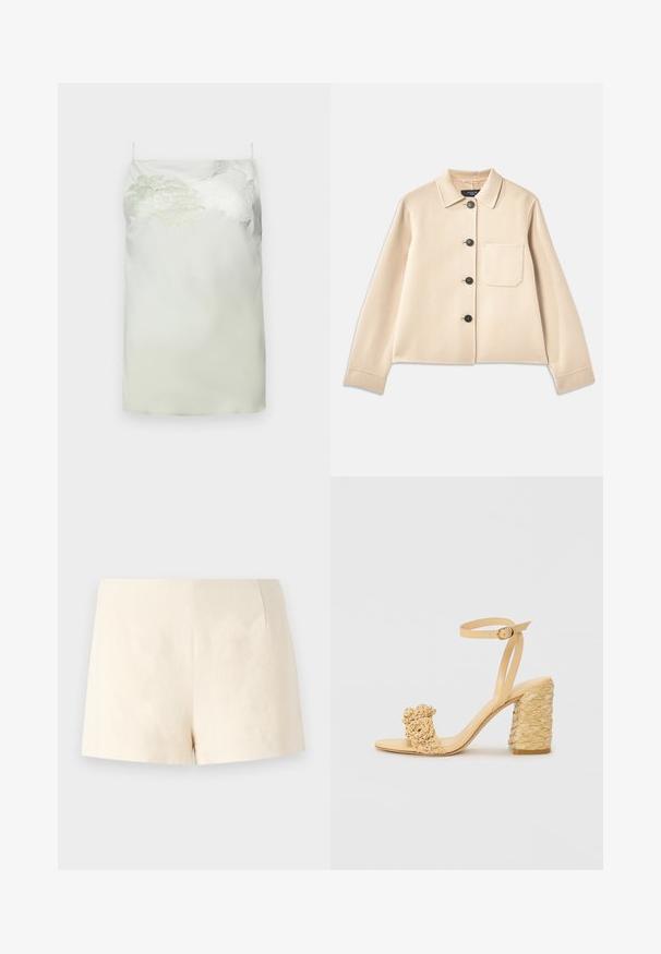 Chaqueta de mezcla de lana beige con cuello de solapa, seis botones negros y un bolsillo en el pecho. Presenta mangas largas y un diseño recortado.; Vestido de satén en verde pálido con bordado floral en un hombro. Tirantes finos ajustables, corte recto y textura suave.; Pantalones cortos beige ajustados, fabricados en un tejido ligero, que presentan una textura suave, líneas limpias y sin cierres ni bolsillos visibles.; Sandalia de tacón alto beige con textura trenzada, que presenta una flor decorativa y una correa en el tobillo. El tacón cuadrado añade estabilidad.