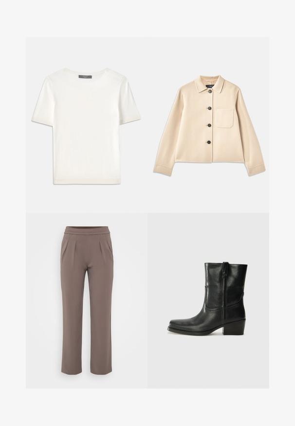 Bež jakna od vune s kragnom, šest crnih dugmadi i džepom na prsima. Ima duge rukave i skraćeni dizajn.; Bijela kratkotrajna pletena majica s kratkim rukavima i okruglim izrezom, koja se odlikuje glatkom teksturom i suptilnim rebrastim detaljima na rukavima i rubu.; Taupe hlače širokog kroja s elastičnim pojasom i prednjim naborima, izrađene od glatkog materijala.; Crne kožne čizme do članaka s okruglim vrhom, blok potpeticom, bočnim patentnim zatvaračem i detaljima od šavova na gornjem dijelu. Glatka tekstura, klasičan dizajn.