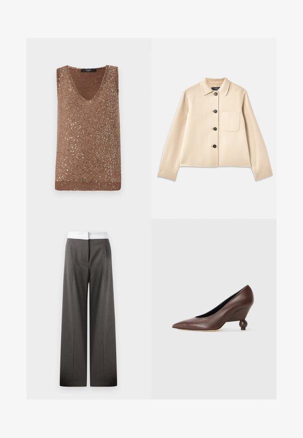 Beige villasekoitteinen takki, jossa on kauluksellinen kaula, kuusi mustaa nappia ja rintatasku. Ominaisuuksiin kuuluvat pitkät hihat ja lyhyt muoto.; Ruskea neule hihaton paita, jossa on V-kaula-aukko ja ripaus metallinhohtoisia paljetteja tekstuurin ja visuaalisen kiinnostavuuden lisäämiseksi.; Tummanharmaat leveät housut, joissa on pystysuorat raidat. Vyötärönauha on valkoinen ja joustava, luoden kontrastisen yksityiskohdan.; Ruskeat nahkakengät, joissa on viistopohja, kärjessä terävä muoto ja pyöreä, pallomainen korko. Pintamateriaali on sileä, ja design on yksinkertainen, minimaalisin yksityiskohdin.