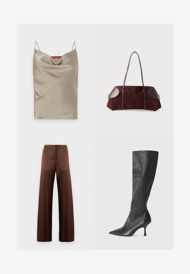 Beige wool blend jacket with a collared neck, six black buttons, and a chest pocket. Features long sleeves and a cropped design.; Satin camisole in light taupe with a draped neckline, thin adjustable straps, and diagonal seam detailing. Brand label in red at the back.; Brown wide-leg trousers made of smooth, lightweight fabric, featuring a flat front, no pockets, and a straight silhouette.; Knee-high black leather boots with a pointed toe and a slim stiletto heel. Smooth texture with a fitted design and stitching at the top edge.; Brown suede bag with leather accents, structured shape, dual shoulder straps, and rounded edges, featuring a smooth texture and minimal hardware.