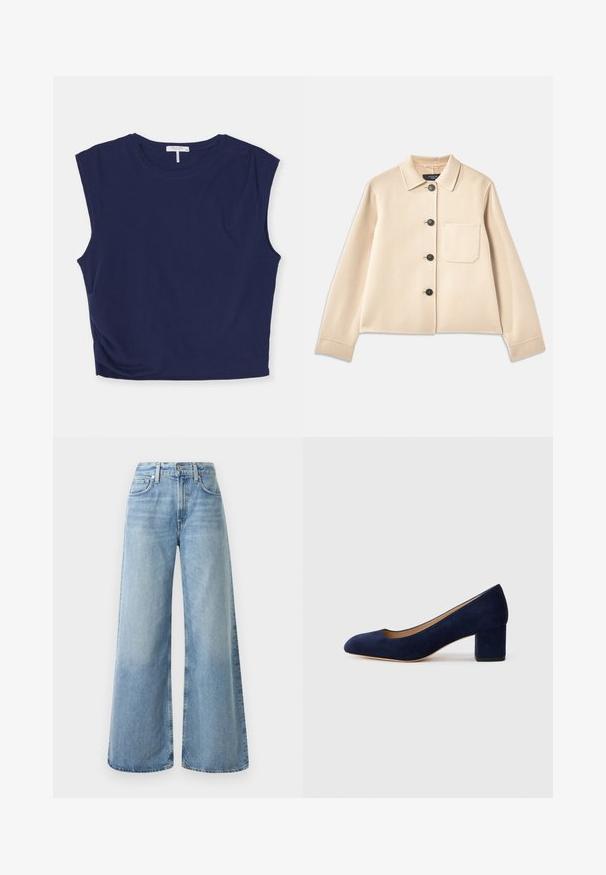 Giacca in misto lana beige con collo, sei bottoni neri e taschino sul petto. Presenta maniche lunghe e un design accorciato.; Top senza maniche blu navy accorciato realizzato in morbido tessuto, con colletto rotondo e spalle leggermente strutturate, dalla texture liscia.; Jeans in denim leggero blu chiaro a gamba larga con vita alta, dotati di quattro tasche, chiusura con bottone e leggere sfumature sul tessuto.; Pump in suede blu Navy con punta affusolata e tacco blocco di media altezza. Texture liscia con una leggera lucentezza e un piccolo taglio sul davanti.