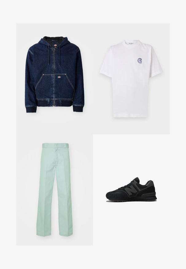 Donkerblauwe denim zip-up hoodie, voorzien van een hoodie met trekkoord, voorzakken en geribbelde mouwen. Contraststiksel en merkembleem zichtbaar.; Wit katoenen T-shirt met korte mouwen, ronde hals en een klein, geborduurd blauw "C"-logo op het linker borstgebied.; Lichtgroene broek van katoen met een rechte pijp, voorzien van een gladde textuur en een standaard tailleband met riemlussen.; Zwarte sneaker met een bovenwerk van suede en mesh, een dikke zool en een opvallend 'N'-logo op de zijkant. Heeft een gestructureerd ontwerp met veter sluiting.