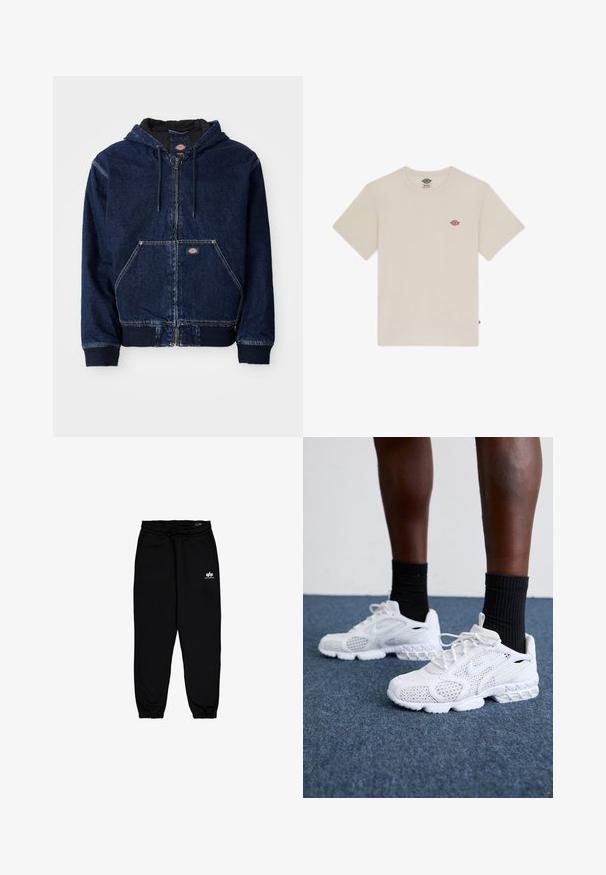 Donkerblauwe denim zip-up hoodie, voorzien van een hoodie met trekkoord, voorzakken en geribbelde mouwen. Contraststiksel en merkembleem zichtbaar.; Crème-kleurige katoenen t-shirt met korte mouwen, ronde hals en een klein meerkleurig geborduurd logo op de borst.; Alpha Industries BASIC JOGGER SMALL LOGO  - Trainingsbroek - black; Witte sportieve schoenen met een bovenkant van mesh, gemêleerde accenten en een gevoerde zool. Samengesteld met zwarte geribde enkelsokken op een blauwe tapijtvloer.