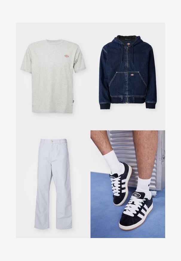 Tamsiai mėlynas džinsinis užtrauktukas su gobtuvu, turi reguliuojamą gobtuvą, priekines kišenes ir rauktas rankoves. Matoma kontrastinė siuvinėjimo ir prekės ženklo etiketė.; Pilkos spalvos medvilnės marškinėliai su apvalia iškirpte, trumpomis rankovėmis ir mažomis spalvingomis logotipo detalėmis krūtinėje. Minkšta tekstūra, laisvas kirpimas ir be raštų.; Šviesiai mėlyni, tiesaus kirpimo medvilniniai džinsai. Turintys priekinę kišenę, užtrauktuką ir vieną metalinį mygtuką juosmens dalyje.; Juodos zomšos sportbačiai su baltais raišteliais ir trimis baltais dryžiais. Ant liežuvėlio yra apvalus juodas logotipas, o pado medžiaga – guminė.