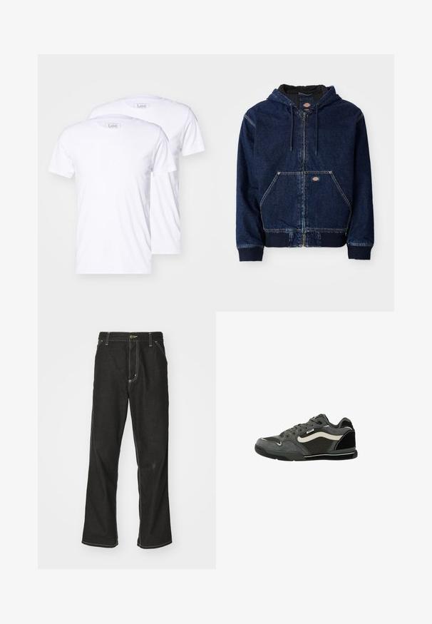Sudadera con cremallera de mezclilla en azul oscuro, con capucha regulable, bolsillos frontales y puños acanalados. Costuras en contraste y etiqueta de la marca visibles.; Dos camisetas de algodón blancas con mangas cortas, cuellos redondos y la marca Lee en las etiquetas. Textura suave, corte clásico, sin patrones adicionales.; Jeans de mezclilla negra con un corte holgado, que cuentan con costuras blancas contrastantes, cierre de botón y un diseño de pierna recta.; Zapatillas grises con materiales de ante, malla y goma. Presentan acentos en blanco en contraste, cordones redondos y un cuello acolchado.