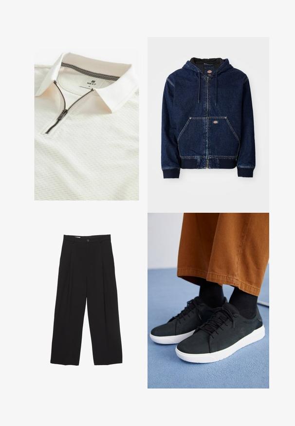 Dunkelblaue Denim-Zip-Hoodie mit einer Kordelzugkapuze, Fronttaschen und gerippten Bündchen. Kontrastnähte und Markenlabel sichtbar.; Weißes Poloshirt mit einem strukturierten Muster, Reißverschluss und kariertem Krageninneren. Etikett mit "NEXT" und Größe "M."; Schwarze weit geschnittene Hose aus glattem Stoff, mit flachem Taillenbund, vorderen Falten und einer einzigen Knopfverschlus.; Schwarze Wildleder-Sneaker mit weißen Gummisohlen, mit Schnürdesign, strukturierten Akzenten und dezentem Branding, kombiniert mit braunen Hosen.
