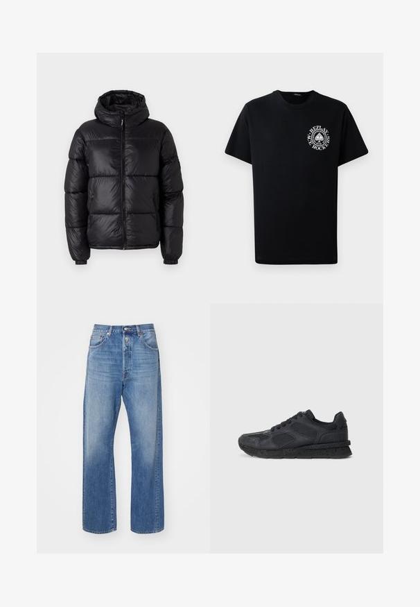 Melnā pūkainā jaka ar kapuci, ar spīdīgu apdari, quiltētām daļām, priekšējo rāvējslēdzēju un elastīgām aprocēm, lai nodrošinātu ciešu piegulšanu.; Melnas kokvilnas T-krekls ar īsām piedurknēm, ar baltu apļa logotipu kreisajā krūtī, kas ietver tekstu un grafiskus dizainus.; Gai zili zili džinsi ar taisnu kāju griezumu, ar pogām, piecām kabatām un nelielu izbalēšanu uz auduma.; Replay ARTHUR ATOM - Treniņu apavi - black