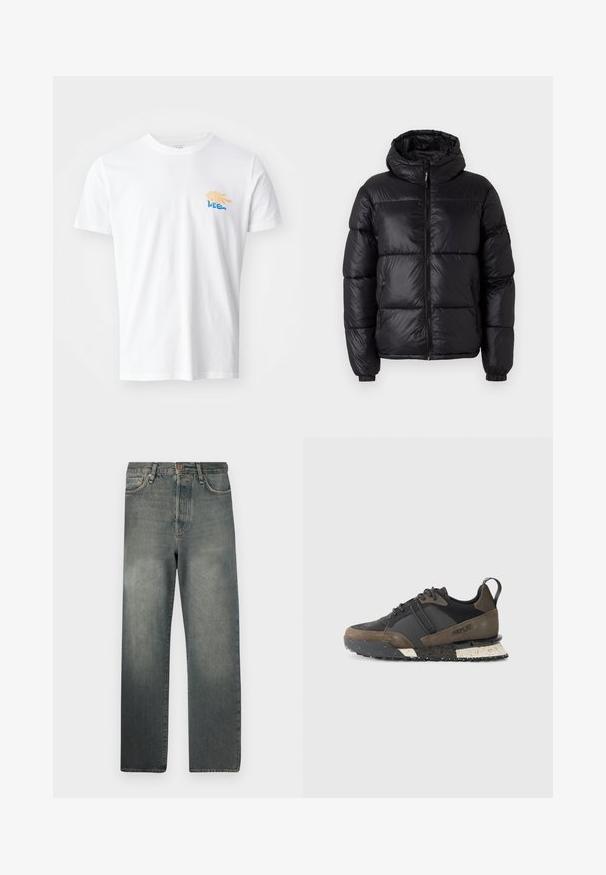 Juodas pūkinis švarkas su kapišonu, matinio blizgesio, su siuvinėtais skyreliais, priekinis užtrauktukas ir elastingos rankogaliai, leidžiantys patogiai priglusti.; Balta medvilnės marškinėliai su apvalia iškirpė ir trumpomis rankovėmis. Ant krūtinės yra spalvingas raštas su geltonais ir mėlynais elementais.; Jack & Jones JJIALEX JJCOOPER - Platūs džinsai - black denim; Replay FIELD JUPITER CRAFT - Sportbačiai - black/dark grey
