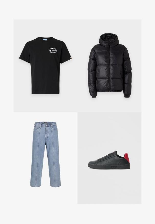 Melnā pūkainā jaka ar kapuci, ar spīdīgu apdari, quiltētām daļām, priekšējo rāvējslēdzēju un elastīgām aprocēm, lai nodrošinātu ciešu piegulšanu.; Melns kokvilnas T-krekliņš ar īsām piedurknēm un apaļu kakla izgriezumu. Uz krūšu daļas ir balts teksts "GENERAL REPLAY SERVICE QUARTERS".; Gai zilos džinsus ar brīvu piegriezumu, platām kājām un redzamām šuvēm. Iespējams, pogu un rāvējslēdzēja aizdare, pieci kabatas.; Melnais sintētiskais sneakers ar sarkaniem papēža akcentiem, perforētu sānu dizainu, noapaļotu pirkstu daļu, plakanu melnu zoli un melnām šņorēm.