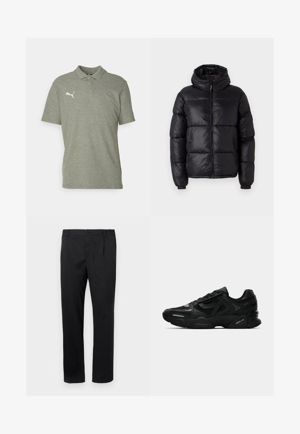 Svart boblevest med hette, med en skinnende overflate, quiltede seksjoner, glidelås foran og elastiske mansjetter for en tett passform.; Grå polo shirt i myk, teksturert stoff med klassisk krage og korte ermer. Brodert hvitt logo på venstre bryst.; Svarte bukser med rett ben, med knapp og glidelås, sidelommer, og delvis elastisk liv på hvit bakgrunn.; Svart idrettssko med teksturert overdel, reflekterende detaljer og polstrede såler. Har snørebånd og merkevarenavn på siden.