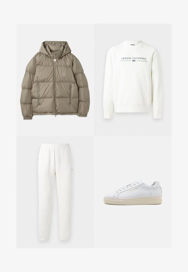 Padded bunda v tlmenej olivovej zelenej, s kapucňou, zipsovými vreckami, elastickými manžetami a nášivkou loga na hrudi. Hladká textura.; Biely mikina s okrúhlym výstrihom, dlhými rukávmi a rebrovanými manžetami. Obsahuje potlačené logo "Armani Exchange 1991" v modrej a zelenej farbe.; Šedé bavlnené tričko s jemným vzorom AX loga, okrúhlym výstrihom, krátkymi rukávmi a voľným strihom. Hladká textúra s mierne vyblednutým vzhľadom.; Biele teplákové nohavice vyrobené z mäkkej tkaniny, s elastickým pásom, zúženými nohami a malým logom na ľavej strane.; Biele kožené tenisky s okrúhlou špičkou, plochými šnúrkami a krémovou gumovou podrážkou. Obsahujú jemné branding v zlatej farbe a hladkú textúru.