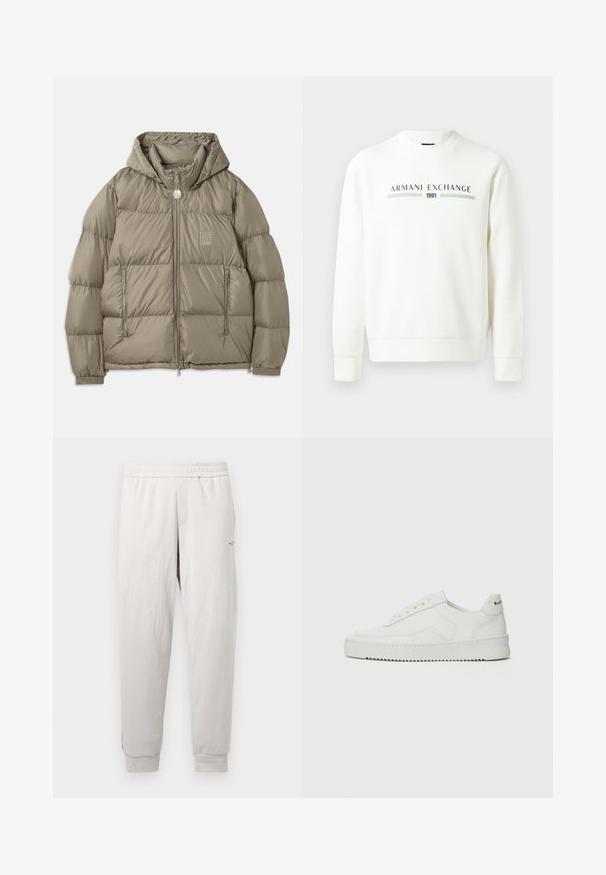 Gepolsterte Jacke in einem gedämpften Olivgrün, mit Kapuze, Reißverschlusstaschen, elastischen Bündchen und einem Logopatch auf der Brust. Glatte Textur.; Weißer Sweatshirt mit Rundhalsausschnitt, langen Ärmeln und gerippten Bündchen. Mit einem gedruckten Logo "Armani Exchange 1991" in Blau und Grün.; Graues Baumwoll-T-Shirt mit dezentem AX-Logo-Muster, Rundhalsausschnitt, kurzen Ärmeln und lockerer Passform. Glatte Textur mit einem leicht verwaschenen Stil.; Hellgraue Sweatpants mit einem elastischen Bund, Seitentaschen, gerippten Bündchen und einem dezenten Branding am Bein, aus weichem Stoff gefertigt.; Weiße Ledersneaker mit glatter Oberfläche, runder Zehenpartie, flachen Schnürsenkeln und strukturiertem Sohlenprofil. Mit einem dezenten Logo an der Ferse.