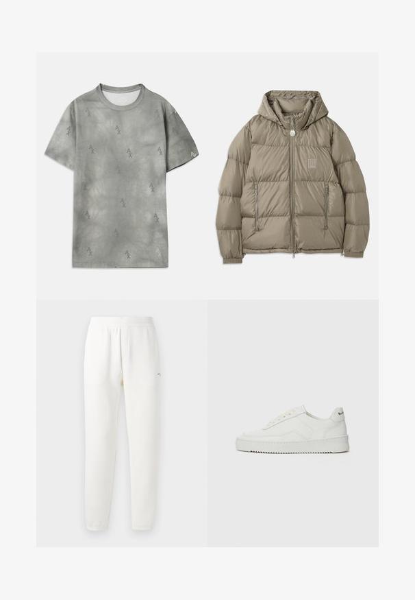 Pamata jaka bālā olīvzaļā krāsā, ar kapuci, ar rāvējslēdzēju kabatām, elastīgām aprocēm un logotipa uzšuvi uz krūtīm. Gluda tekstūra.; Balts sporta krekliņš ar apaļu kakla izgriezumu, garām piedurknēm un ribotām aprocēm. Uz krekliņa ir izdrukāts "Armani Exchange 1991" logo zildzeltainā un zaļā krāsā.; Pelēks kokvilnas T-krekls ar smalku AX logotipa rakstu, apaļu kakla izgriezumu, īsām piedurknēm un brīvu piegriezumu. Gluda tekstūra ar nedaudz izbalējušu stilu.; Baltas sporta bikses, izgatavotas no mīkstas auduma, ar elastīgu jostu, sašaurinātiem galiem un nelielu logo kreisajā pusē.; Baltas ādas sneakers ar gludu virsmu, apaļu pirkstu daļu, plakaniem šņorēm un teksturētu zoli. Satur diskrētu logotipu uz papēža.