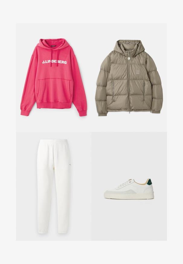 Polstret jakke i en dæmpet olivengrøn farve, som har hætte, lynlåslommer, elastiske manchetter og et logo-patch på brystet. Glat tekstur.; Pink sweatshirt med hætte, der har en frontlomme. Brandlogoet "J.LINDEBERG" er tydeligt vist i hvidt henover brystet.; Hvide sweatpants lavet af blødt stof, med elastisk talje, tapered ben og et lille logo på venstre side.; Hvide sneakers med ruskindsdetaljer, rund tå, flade snørebånd og en cremet gummisål. Har grøn branding på hælen.