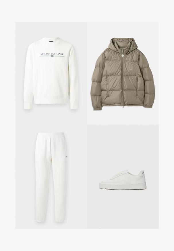 Zateplená bunda v tlumené olivově zelené barvě, s kapucí, zipovými kapsami, elastickými manžetami a logem na hrudi. Hladká textura.; Bílá mikina s kulatým výstřihem, dlouhými rukávy a žebrovanými manžetami. Na přední straně je potisk "Armani Exchange 1991" v modré a zelené barvě.; Šedé bavlněné tričko s jemným vzorem loga AX, kulatým výstřihem, krátkými rukávy a uvolněným střihem. Hladká textura s mírně vybledlým stylem.; Bílé tepláky vyrobené z měkké látky, s elastickým pasem, zúženými nohavicemi a malým logem na levé straně.; Bílé kožené tenisky s hladkým povrchem, kulatou špičkou, plochými tkaničkami a texturovanou podrážkou. Na patě se nachází nenápadné logo.